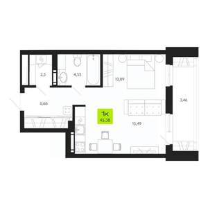 1-к квартира, строящийся дом, 45м2, 3/19 этаж
