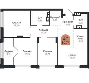 4-к квартира, вторичка, 81м2, 7/26 этаж