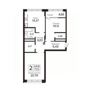 2-к квартира, вторичка, 75м2, 2/23 этаж