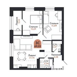 3-к квартира, вторичка, 69м2, 21/26 этаж