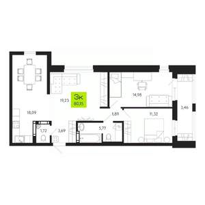 3-к квартира, строящийся дом, 80м2, 7/19 этаж