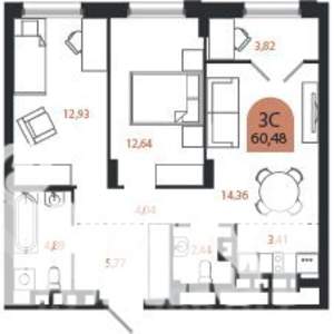 3-к квартира, строящийся дом, 60м2, 5/26 этаж