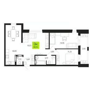 3-к квартира, строящийся дом, 80м2, 8/19 этаж