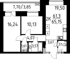 2-к квартира, строящийся дом, 65м2, 8/9 этаж