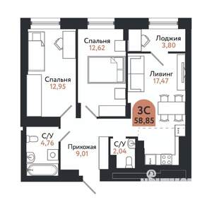 3-к квартира, строящийся дом, 59м2, 24/26 этаж