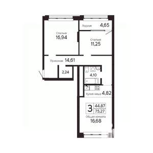 3-к квартира, вторичка, 73м2, 7/23 этаж