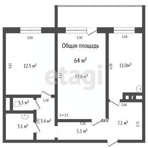 2-к квартира, вторичка, 64м2, 4/10 этаж