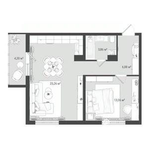 2-к квартира, строящийся дом, 54м2, 1/16 этаж