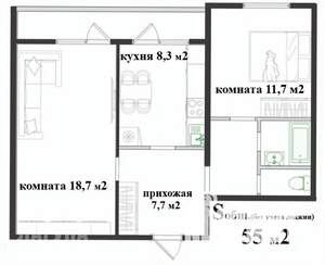 2-к квартира, вторичка, 55м2, 3/10 этаж