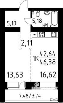 1-к квартира, строящийся дом, 46м2, 11/16 этаж