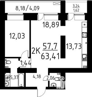 2-к квартира, строящийся дом, 63м2, 8/16 этаж