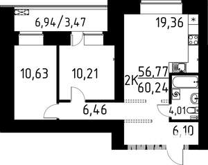 2-к квартира, строящийся дом, 60м2, 9/9 этаж