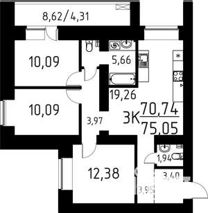 3-к квартира, вторичка, 75м2, 6/16 этаж
