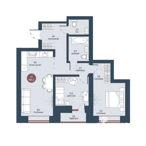 3-к квартира, строящийся дом, 68м2, 7/7 этаж