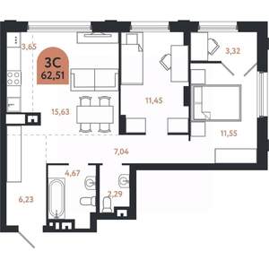 3-к квартира, вторичка, 63м2, 3/26 этаж