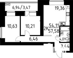 2-к квартира, строящийся дом, 58м2, 4/9 этаж