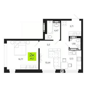2-к квартира, строящийся дом, 50м2, 2/19 этаж
