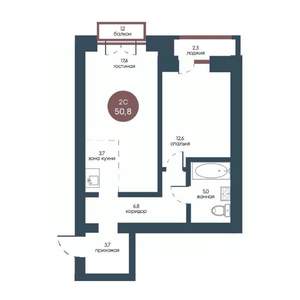 2-к квартира, строящийся дом, 51м2, 4/7 этаж