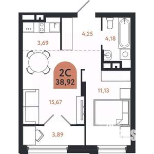 2-к квартира, вторичка, 39м2, 17/26 этаж