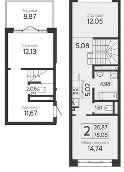 2-к квартира, вторичка, 78м2, 1/23 этаж