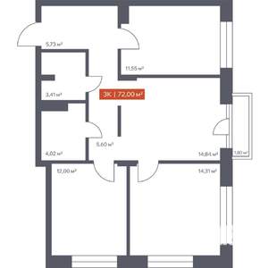 3-к квартира, строящийся дом, 72м2, 7/30 этаж