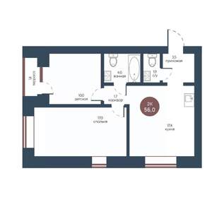 2-к квартира, строящийся дом, 56м2, 7/7 этаж