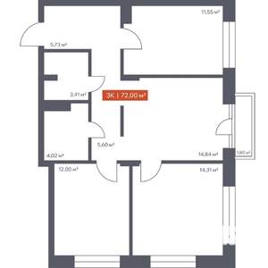 3-к квартира, строящийся дом, 72м2, 7/30 этаж