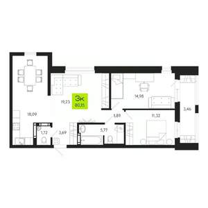 3-к квартира, строящийся дом, 80м2, 9/19 этаж