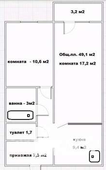 2-к квартира, вторичка, 49м2, 1/10 этаж