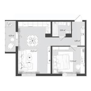 2-к квартира, строящийся дом, 54м2, 4/16 этаж