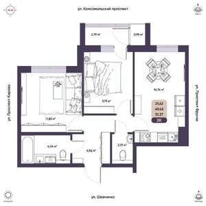 2-к квартира, вторичка, 49м2, 6/9 этаж