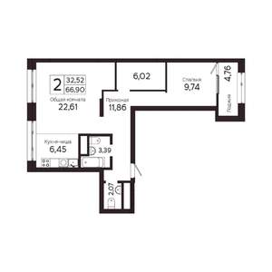 2-к квартира, вторичка, 67м2, 3/23 этаж