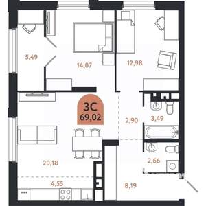 3-к квартира, строящийся дом, 69м2, 16/26 этаж