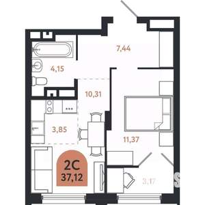 2-к квартира, вторичка, 37м2, 18/26 этаж