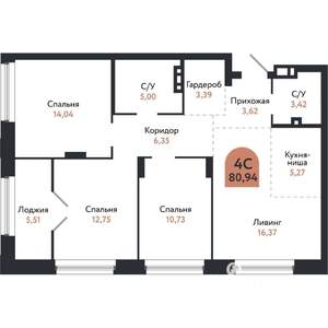 4-к квартира, вторичка, 81м2, 2/26 этаж