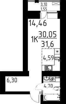 1-к квартира, строящийся дом, 32м2, 11/16 этаж