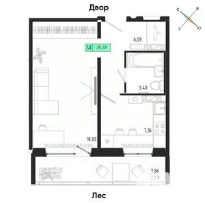 1-к квартира, вторичка, 39м2, 1/17 этаж