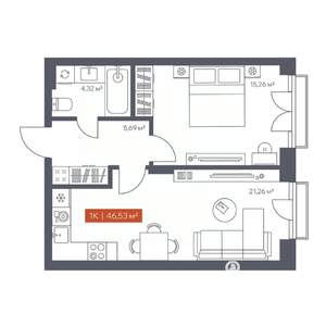 1-к квартира, строящийся дом, 47м2, 9/30 этаж