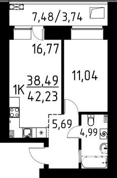 1-к квартира, строящийся дом, 42м2, 8/9 этаж
