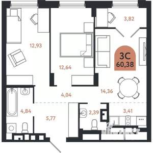 3-к квартира, вторичка, 60м2, 11/26 этаж