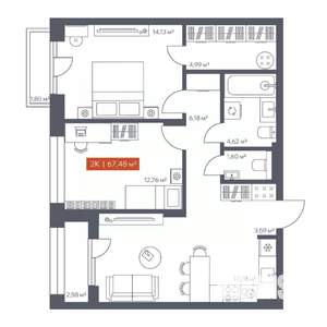 2-к квартира, строящийся дом, 67м2, 5/30 этаж