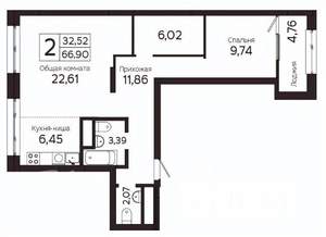 2-к квартира, вторичка, 67м2, 3/23 этаж