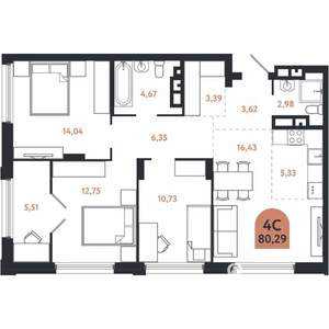 4-к квартира, строящийся дом, 80м2, 16/26 этаж