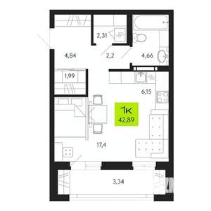 1-к квартира, вторичка, 43м2, 5/19 этаж