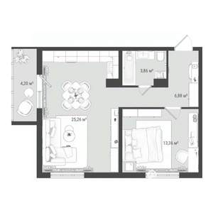 2-к квартира, строящийся дом, 54м2, 8/16 этаж